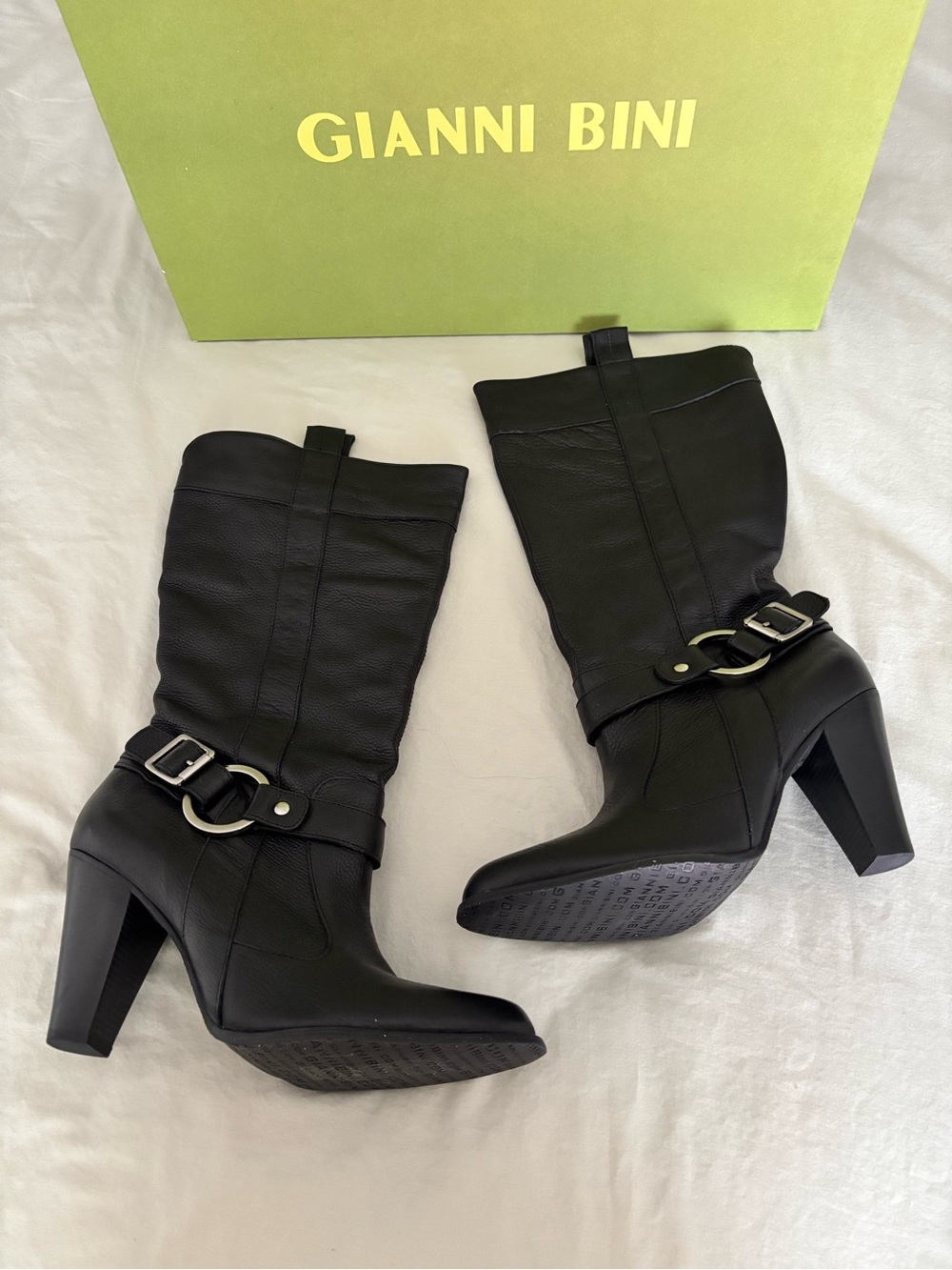 NEW Gianni Bini Black Leather Mid-Calf 4” Heeled Harness Dress Boots Never Worn - Picture 3 of 11